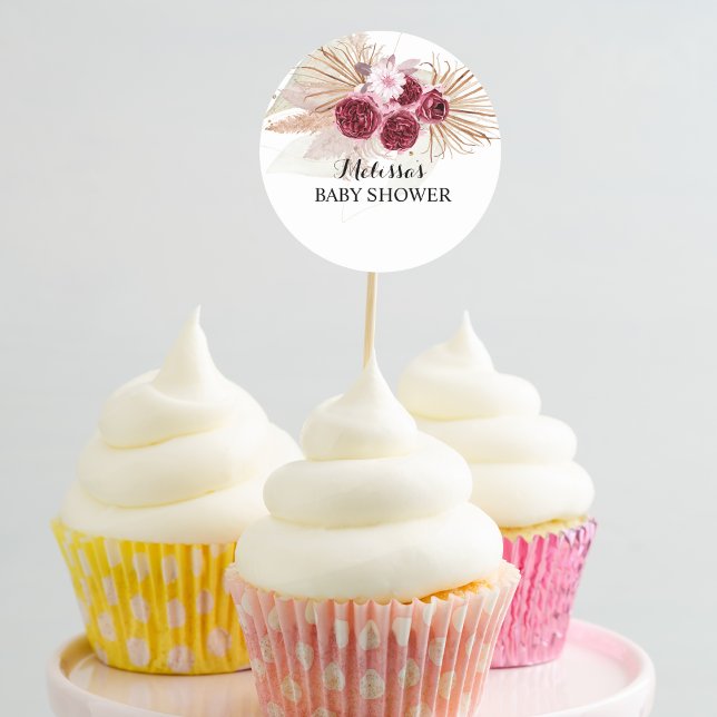 Boho Burgundy Pampas Grass cupcake toppers Classic Round Sticker (Creator Uploaded)
