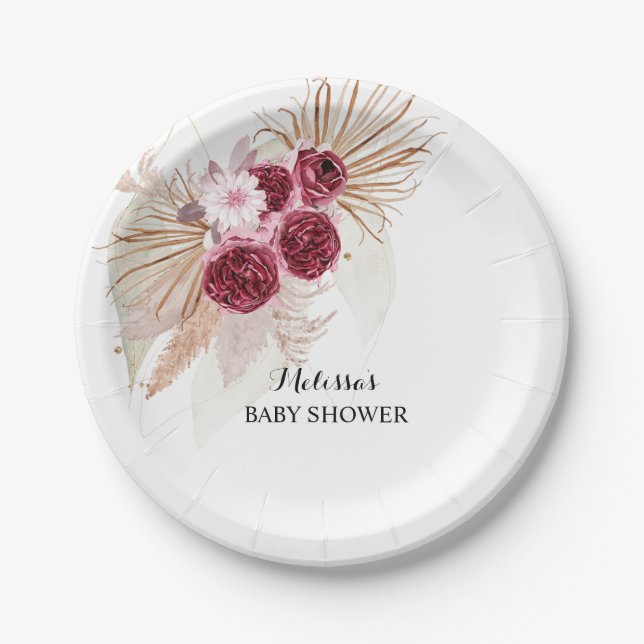 Boho Burgundy Pampas Grass Custom dessert Paper Plates (Front)