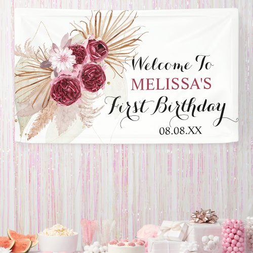 Boho Burgundy Pampas Grass First Birthday  Banner