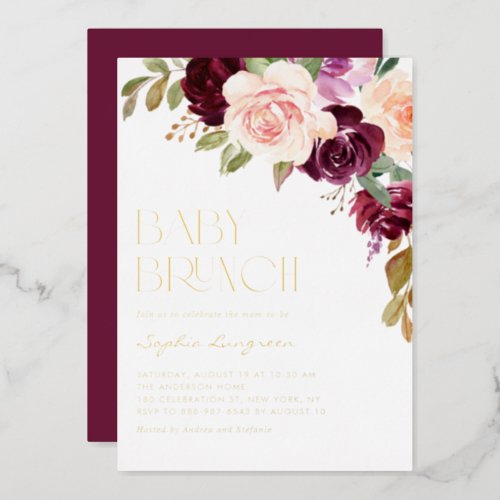 Boho Burgundy Peach Floral Fall Baby Shower Brunch Foil Invitation