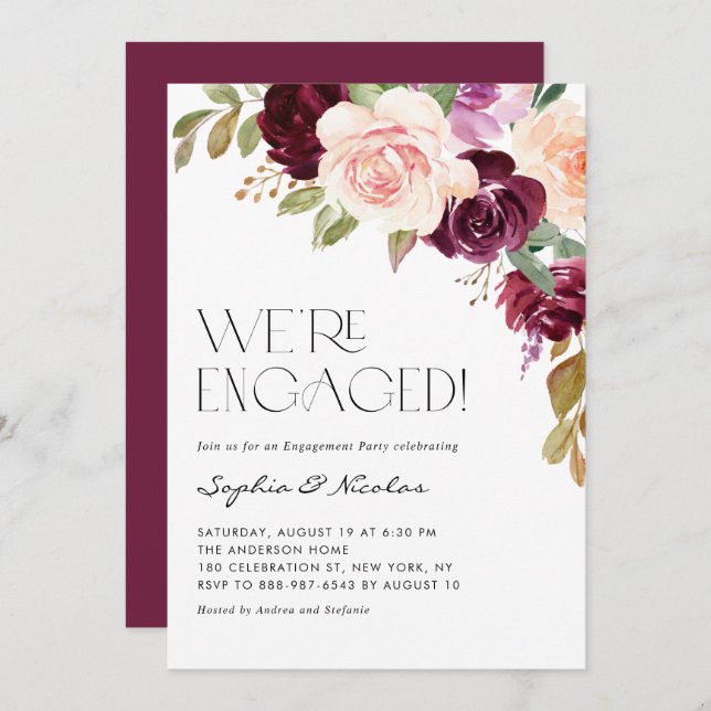 Boho Burgundy Peach Flowers Fall Engagement Party Invitation (Front/Back)