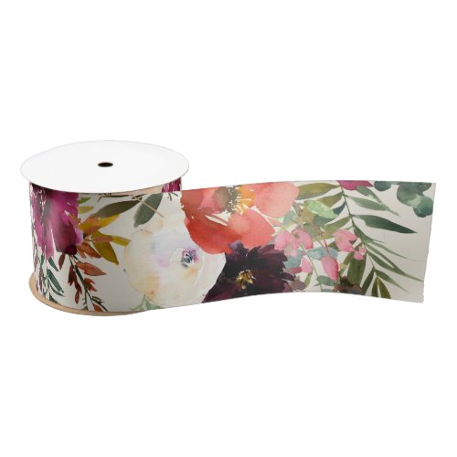 Boho Burgundy  Peach Watercolor Floral Ribbon