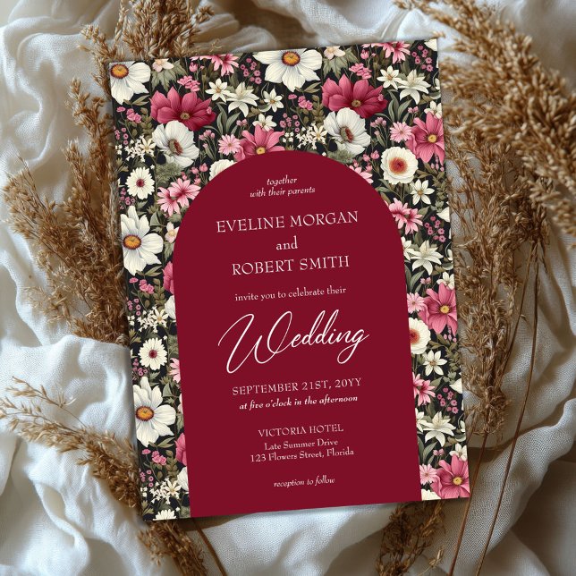 Boho burgundy pink and white wild flowers invitation (retro flat burgundy pink and white wild flowers cotagecore wedding invitation)