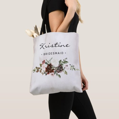 Boho Burgundy Pink Floral Black Script Bridesmaid  Tote Bag