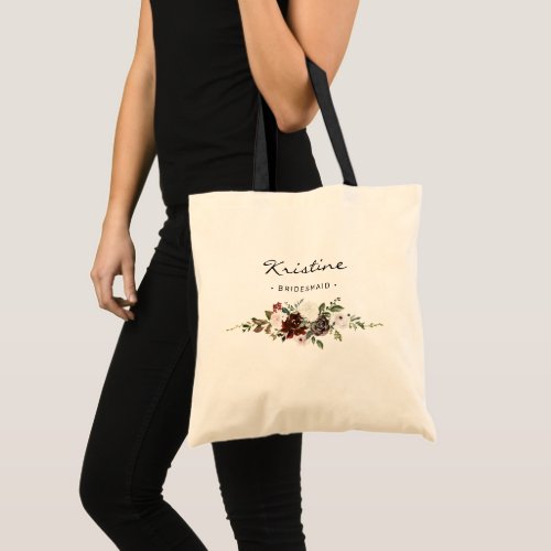 Boho Burgundy Pink Floral Black Script Bridesmaid Tote Bag