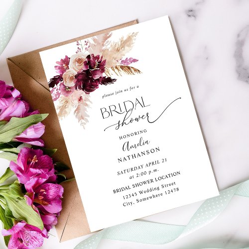 Boho Burgundy  Pink Floral Bridal Shower Invitation