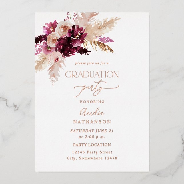 Boho Burgundy & Pink Floral Graduation Party Full Foil Invitation (Front)