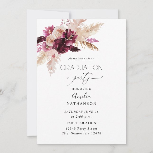 Boho Burgundy & Pink Floral Graduation Party Invitation (Front)
