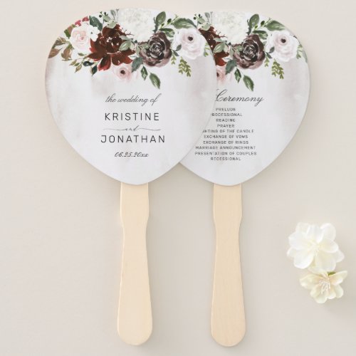 Boho Burgundy Pink Rose Floral Wedding Program  Hand Fan