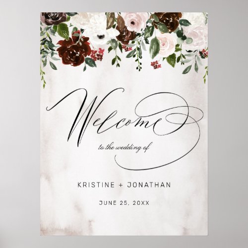 Boho Burgundy Pink Rose Floral Wedding Seating Poster