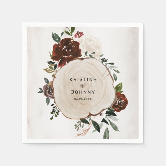 Boho Burgundy Pink Rose Floral Wood Slice Wedding Napkins (Front)