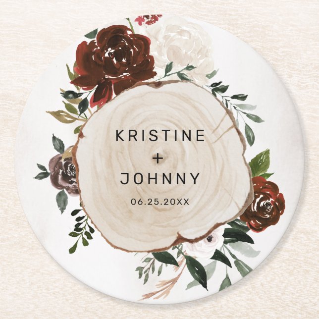 Boho Burgundy Pink Rose Floral Wood Slice Wedding Round Paper Coaster (Front)