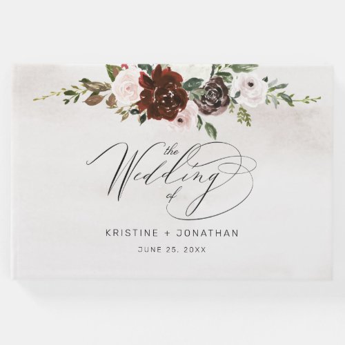 Boho Burgundy Pink Rose Watercolor Floral Wedding Guest Book