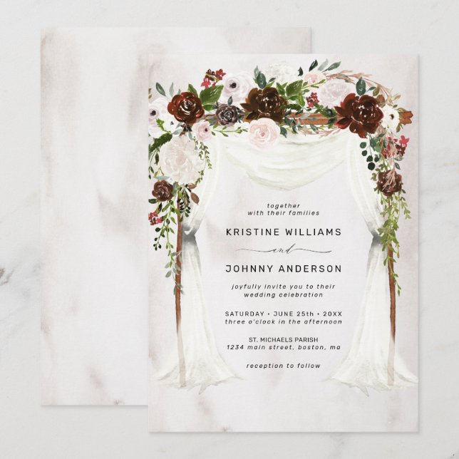 Boho Burgundy Pink Rose Watercolor Floral Wedding  Invitation (Front/Back)