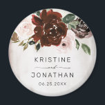 Boho Burgundy Pink Rose Watercolor Floral Wedding Magnet<br><div class="desc">This elegant boho floral wedding magnet features hand painted burgundy and blush pink watercolor roses with greenery on the left and to the right is your names and return address to personalize on a shiny champagne and tan watercolor background. Designed by Susan Coffey.</div>