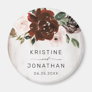 Boho Burgundy Pink Rose Watercolor Floral Wedding Magnet