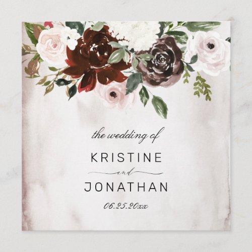 Boho Burgundy Pink Rose Watercolor Floral Wedding Program