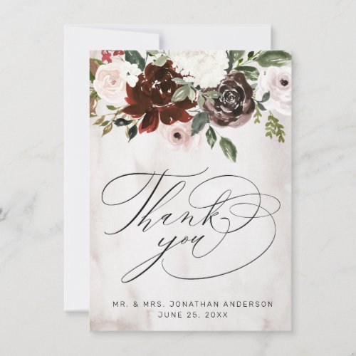 Boho Burgundy Pink Rose Watercolor Floral Wedding Thank You Card