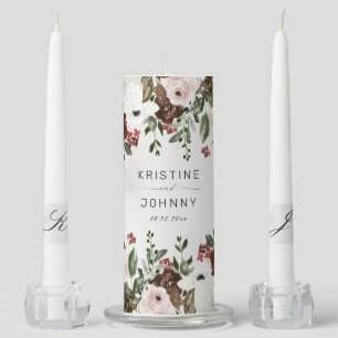 Boho Burgundy Pink Rose Watercolor Floral Wedding Unity Candle Set