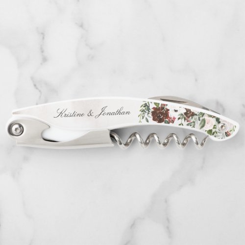 Boho Burgundy Pink Rose Watercolor Floral Wedding Waiters Corkscrew