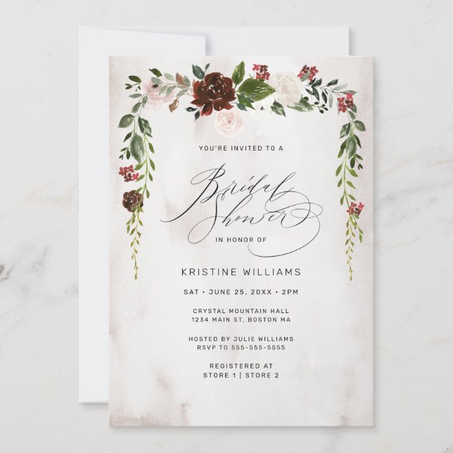 Boho Burgundy Pink Watercolor Floral Bridal Shower Invitation (Front)