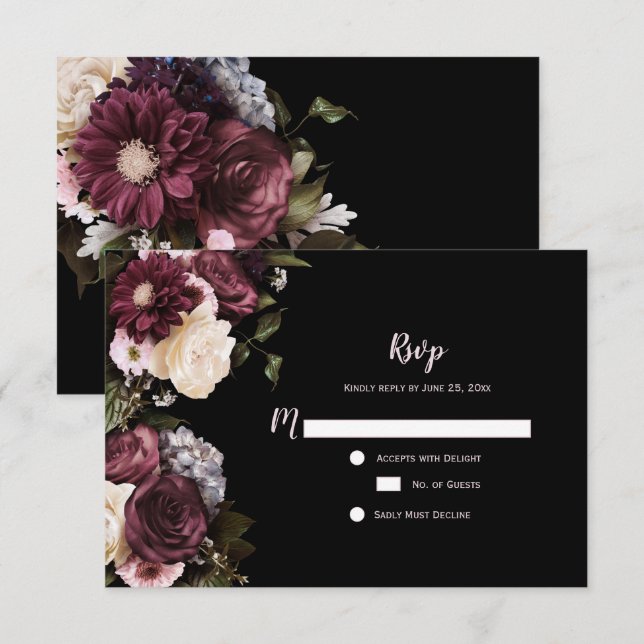 Boho Burgundy Pink White Floral RSVP | (Front/Back)