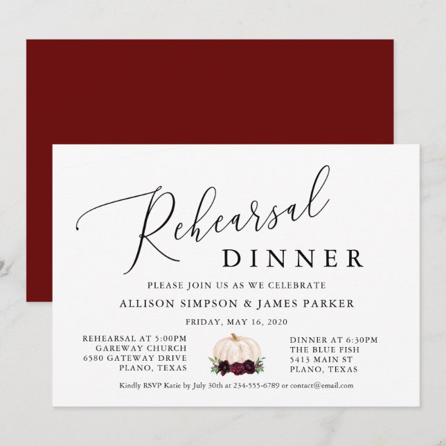 Boho Burgundy Pumpkin Fall Rehearsal Dinner Invitation (Front/Back)