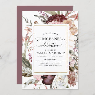 Boho Burgundy Quinceañera Dusty Pink Floral Invitation