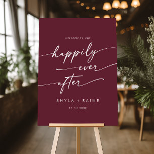 Boho Burgundy Red Happily Wedding Welcome Sign