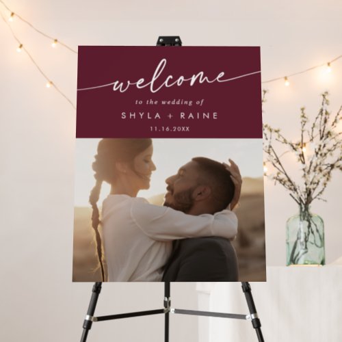 Boho Burgundy Red Photo Wedding Welcome Sign