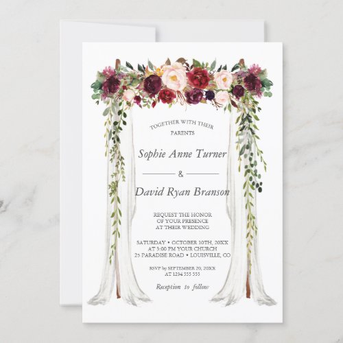 Boho Burgundy Red Pink Floral  Canopy Wedding Invitation