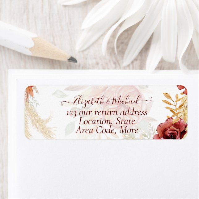BOHO Burgundy Rose Pampas Grass Wedding Label (Insitu)