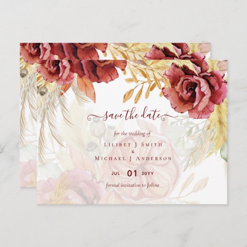 BOHO Burgundy Rose Pampas Grass Wedding Postcard