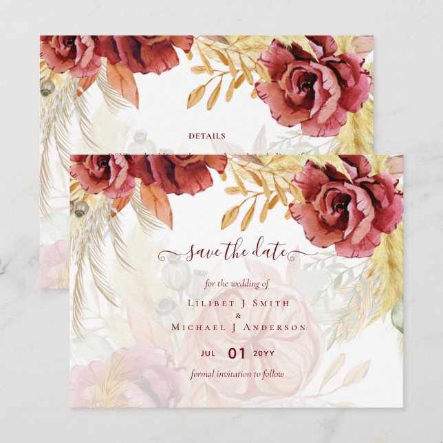 BOHO Burgundy Rose Pampas Grass Wedding Postcard (Front/Back)