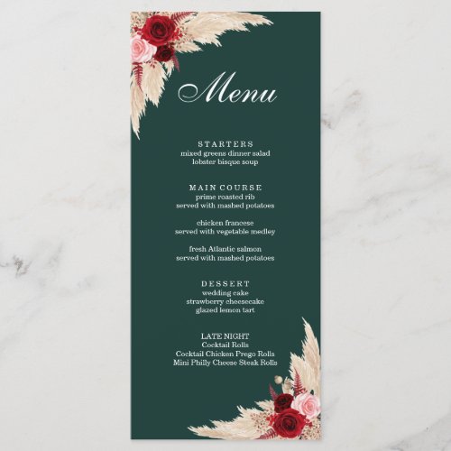 Boho Burgundy Roses and Pampas Grass Menu