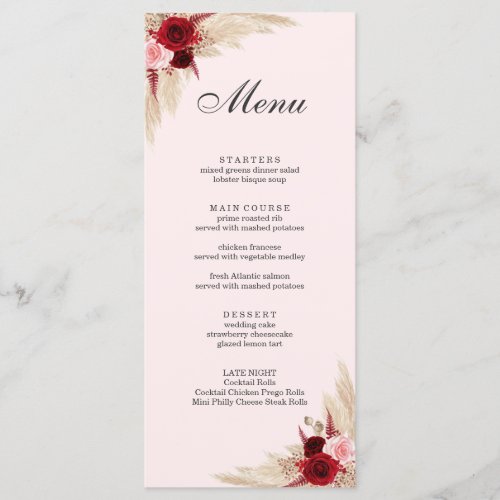 Boho Burgundy Roses and Pampas Grass Menu