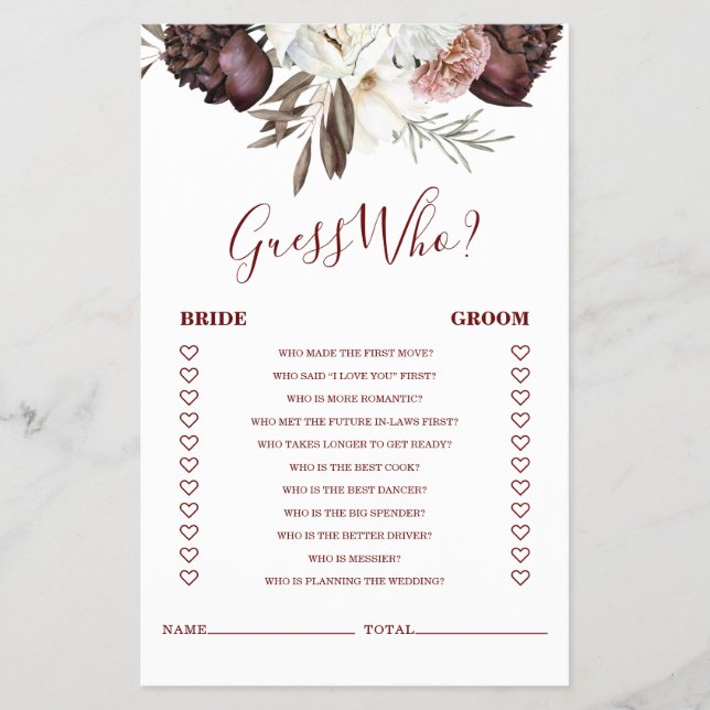 Boho Burgundy Roses fall Bridal Shower Game Flyer (Front)