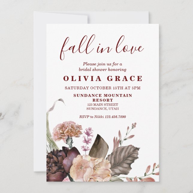 Boho Burgundy Roses fall floral Bridal Shower Invitation (Front)