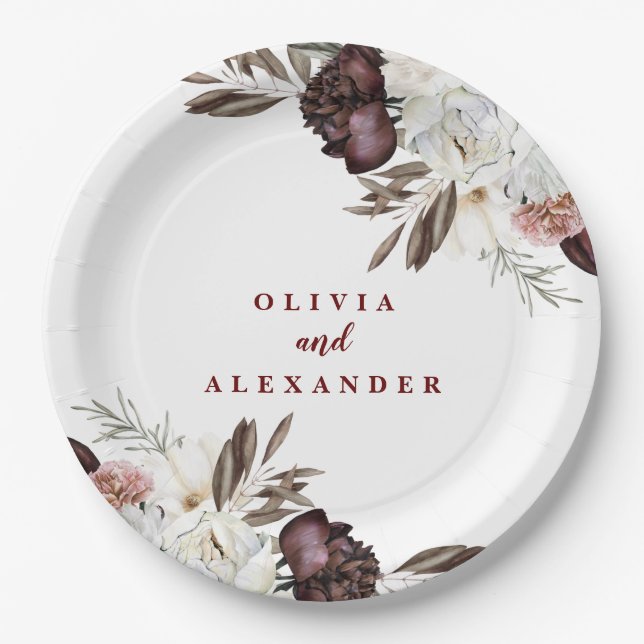 Boho Burgundy Roses fall floral wedding Label Paper Plates (Front)