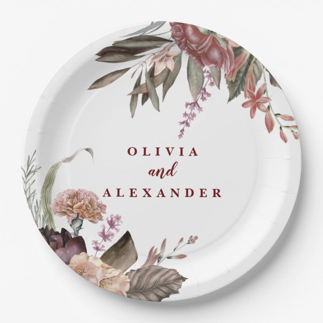 Boho Burgundy Roses fall floral wedding Paper Plates (Front)