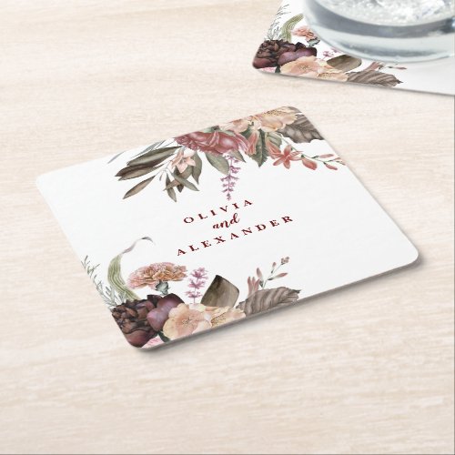 Boho Burgundy Roses fall floral wedding Square Paper Coaster