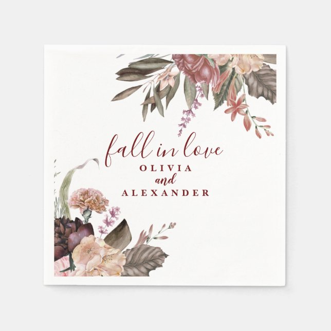 Boho Burgundy Roses fall in love floral wedding Napkins (Front)