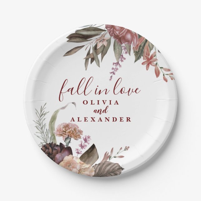 Boho Burgundy Roses fall in love floral wedding Paper Plates (Front)