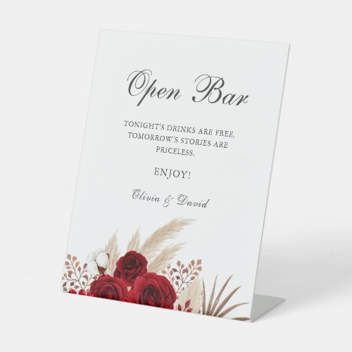 Boho Burgundy Roses Pampas Grass Open Bar Pedestal Sign