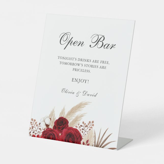 Boho Burgundy Roses Pampas Grass Open Bar Pedestal Sign (Front)