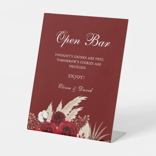 Boho Burgundy Roses Pampas Grass Open Bar Pedestal Sign