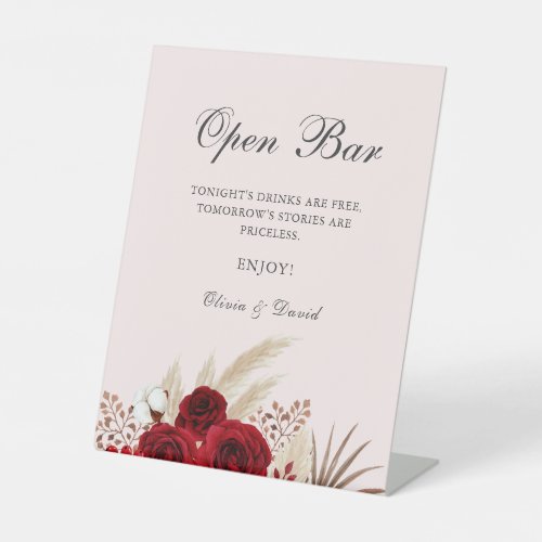 Boho Burgundy Roses Pampas Grass Open Bar Pedestal Sign