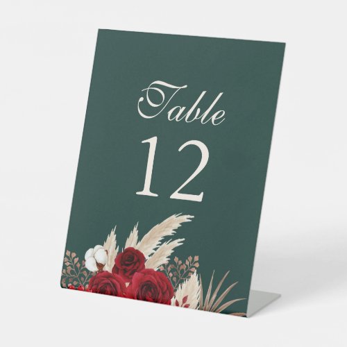 Boho Burgundy Roses Pampas Grass Table Numbers Pedestal Sign