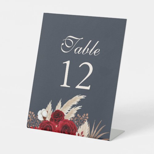 Boho Burgundy Roses Pampas Grass Table Numbers Pedestal Sign