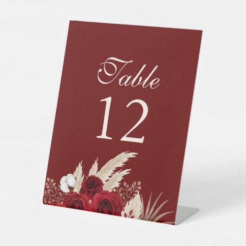 Boho Burgundy Roses Pampas Grass Table Numbers Pedestal Sign